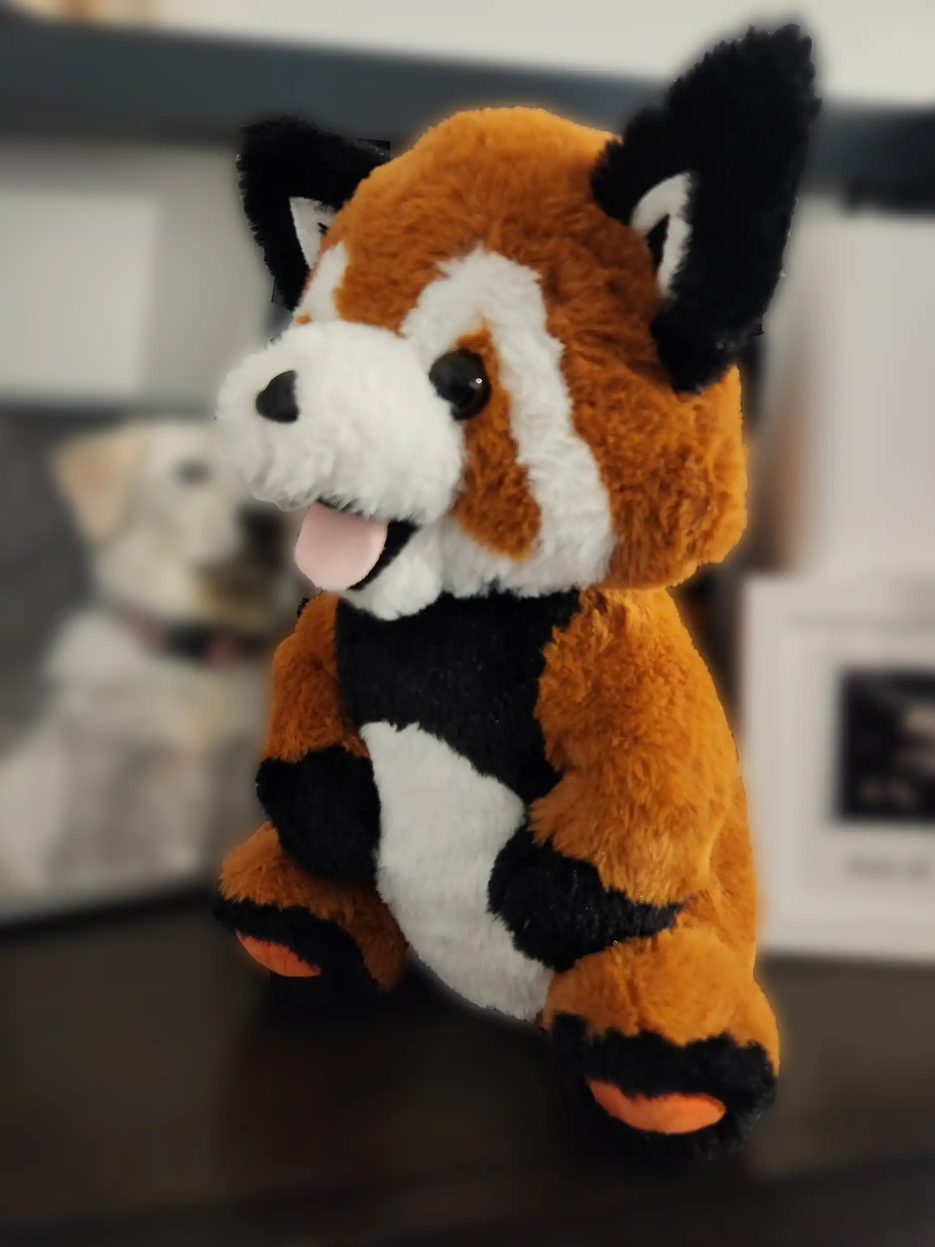 custom red panda plush stuffed animal sitting on a shelf
