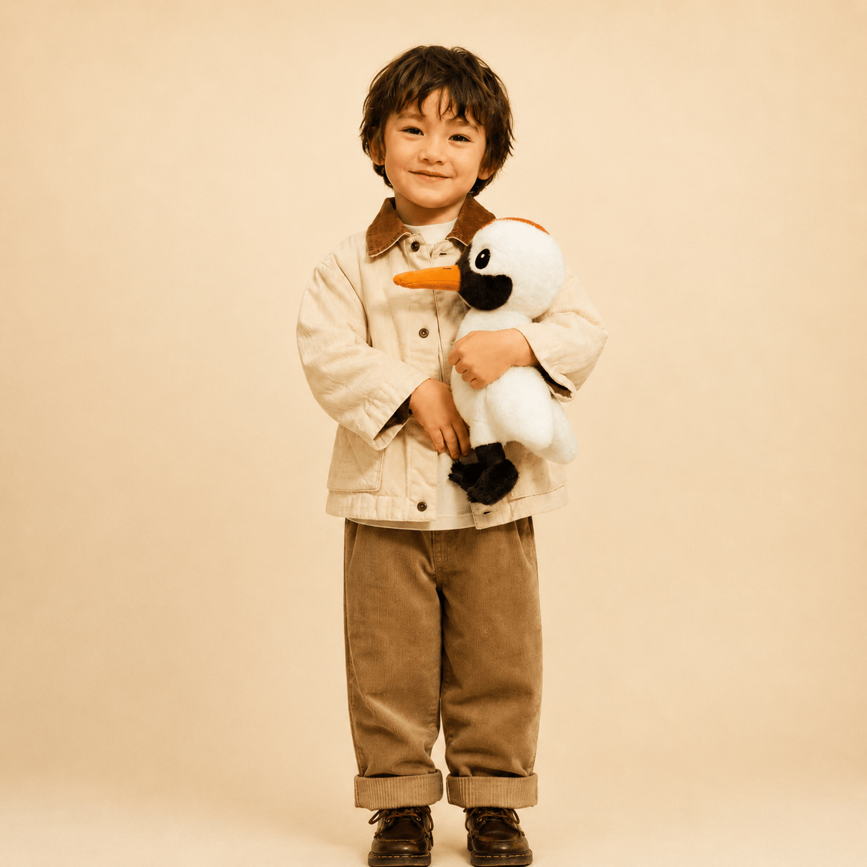 Child holding a Wayne the Whooping Crane v2 against a plain background