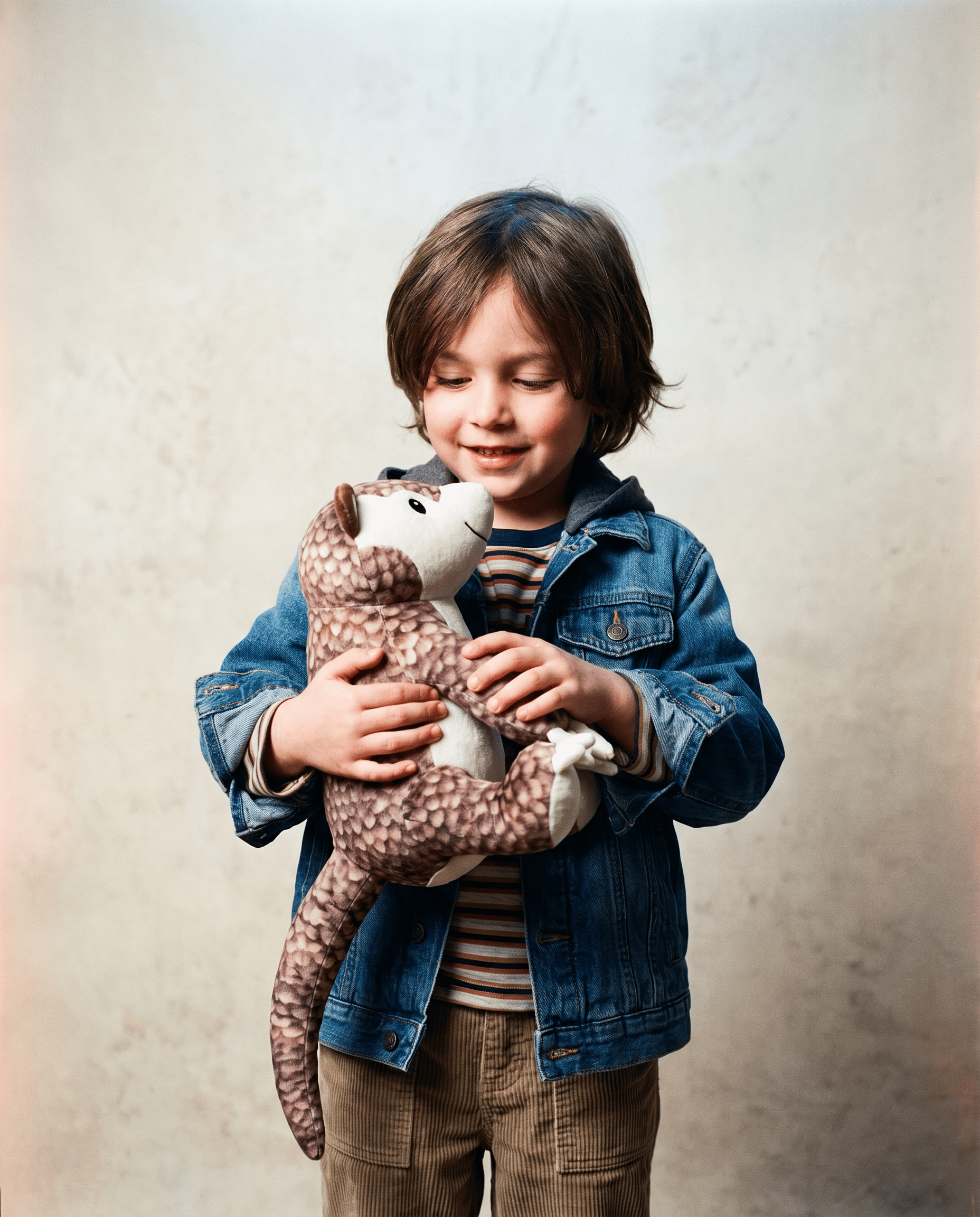 Child holding a pangolin stuffed animal with a plain background
