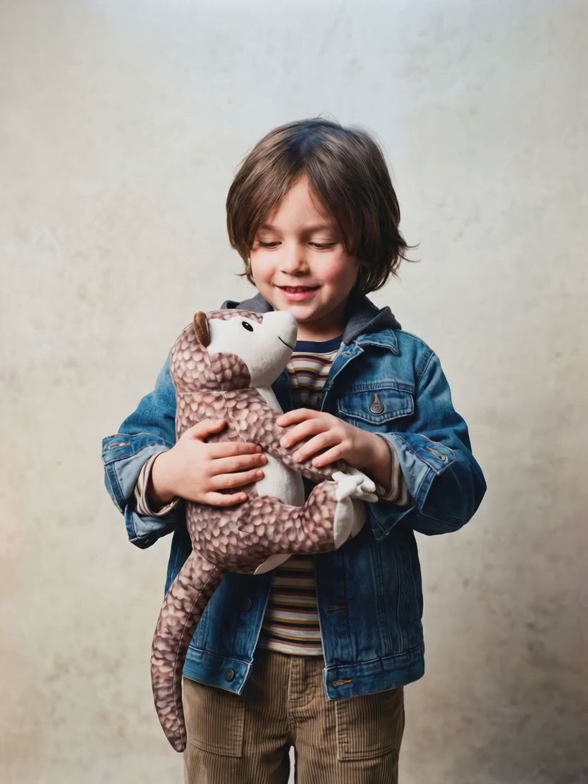 Child hugging Paulie the pangolin plush stuffed animal